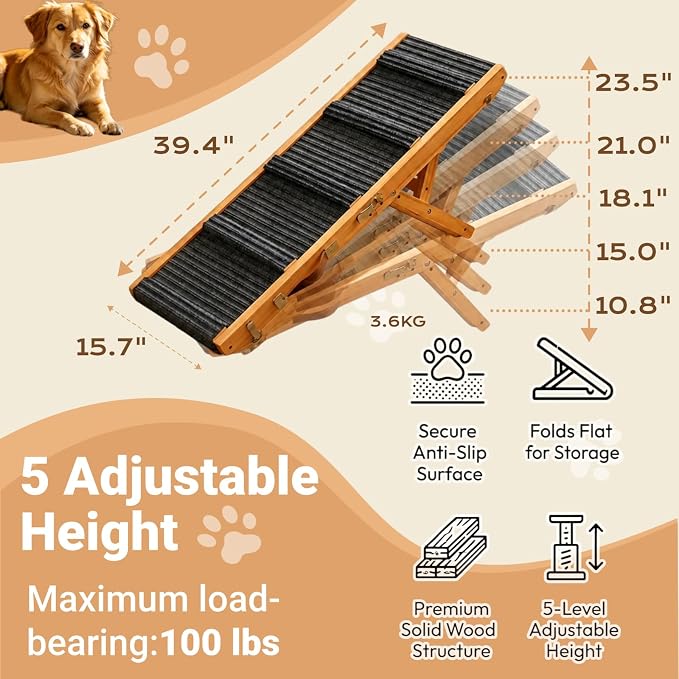 Dog Ramp for Couch & Bed for Dogs, Foldable Small to Large Dog Ramps for Sofa - 39.4" LX15.7 W, 5 Adjustable Height, Portable, Wider and More Stable, Non-Slip, Carry Handle, Walnut