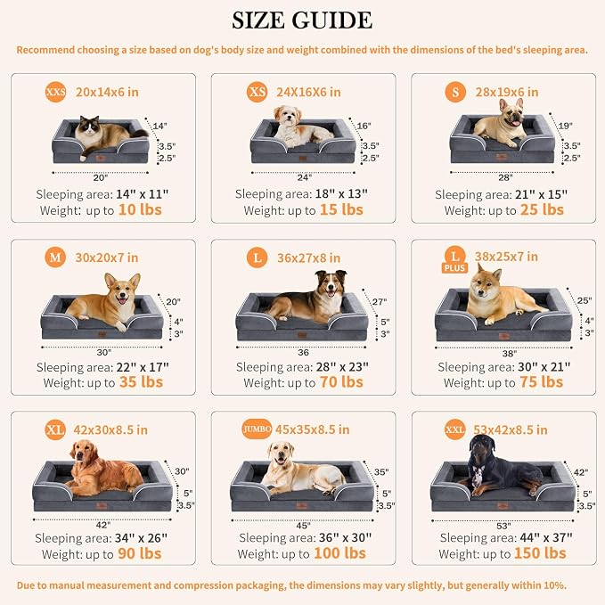 Comfort Expression Orthopedic Dog Bed for Large Dogs 38x25 Inch, Waterproof Supportive Egg Crate Foam Large Pet Bed with Removable Bolsters, Dog Couch with Washable Cover & Non-Slip Bottom, Dark Grey