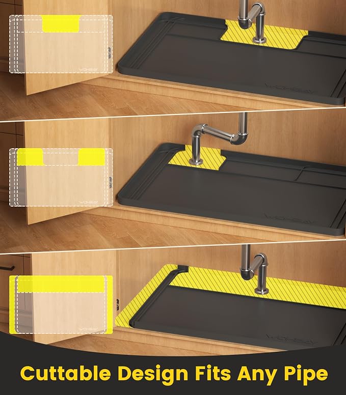 Wohbay Under Sink Mats for Kitchen Waterproof, Cut to Fit Under Sink Drip Tray for Kitchen Bathroom Cabinets, Silicone Sink Liner Hold Up to 3.3 Gallons Liquid, 34" X 22" Or Smaller (Black, Large)
