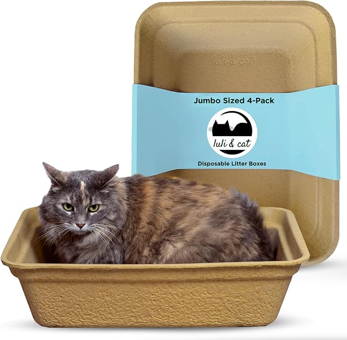 Luli & Cat Disposable Litter Boxes for Cats | Jumbo Sized 4-Pack | Durable and Water Resistant