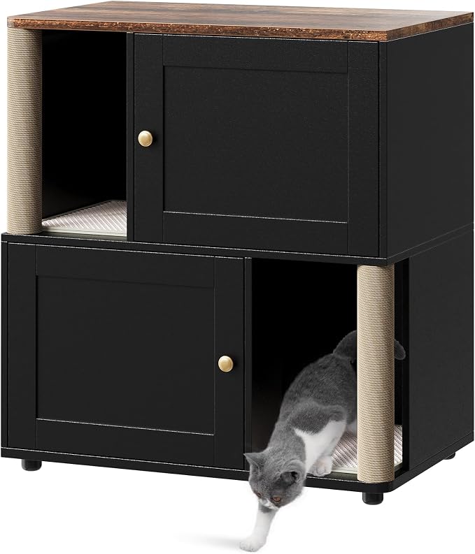 Double Cat Litter Box Enclosure for 2 Cats – Hidden Cabinet, Dual Layers, 2 Mark Mats, Sisal Marking Post, Dog-Proof Modern End Table –Black