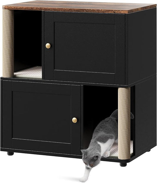 Double Cat Litter Box Enclosure for 2 Cats – Hidden Cabinet, Dual Layers, 2 Mark Mats, Sisal Marking Post, Dog-Proof Modern End Table –Black