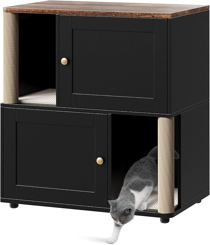 2 Tier Cat Washroom,Modern Farmhouse Double Cat Litter Box Enclosure Furniture,Hidden Cabinet with 2 Scratch Mats & Post, Multi-Functional End Side Table for 2 Cats, Odor-Control Wooden Washroom Cabin