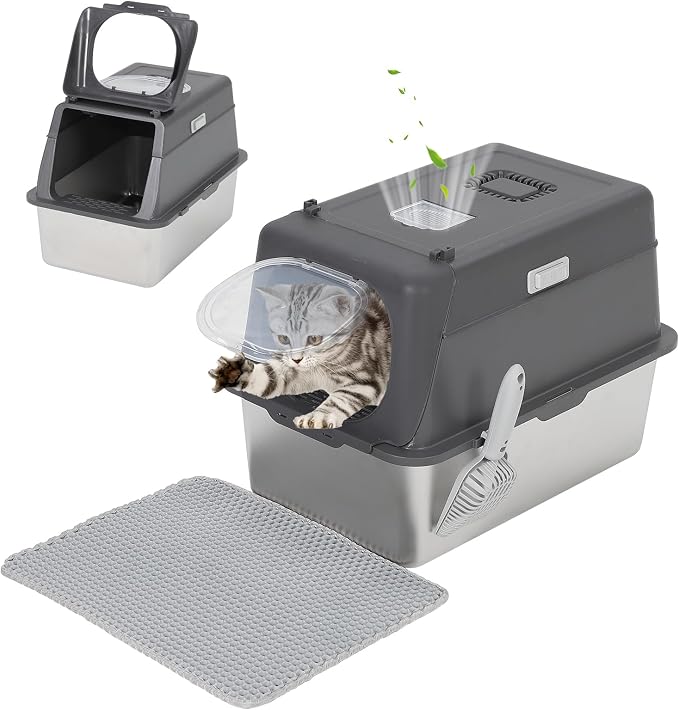 Stainless Steel Cat Litter Box with Lid, Extra Large Covered Metal Litter Box for Big Cats, Removable&Enclosed Design,Non-Stick&Odor-Resistant, Easy Clean, with Scoop&Litter Collecting Mat,Dark Grey