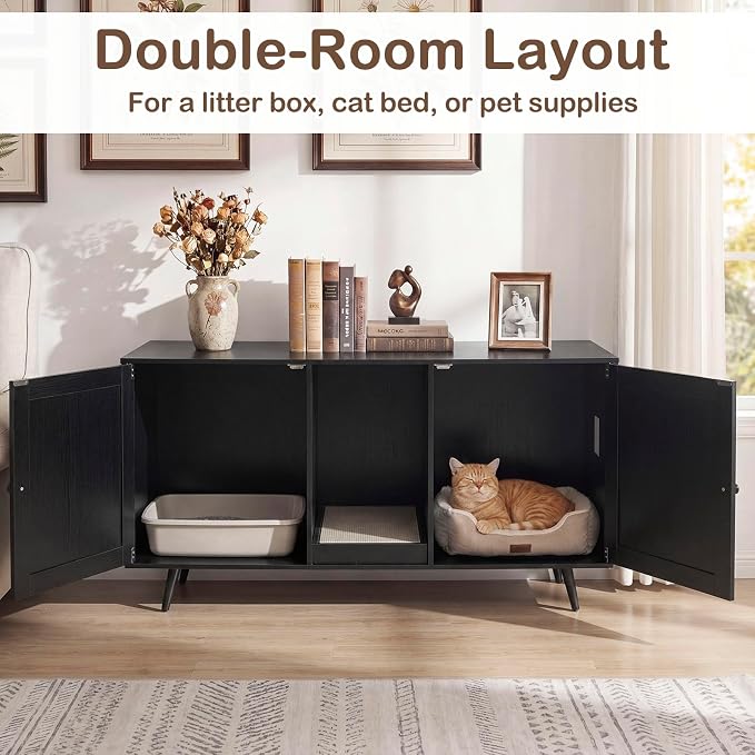 Tangkula Double Cat Litter Box Enclosure, Large Hidden Wooden Cat Cabinet for 2 Cats with Scratching Pad, Double Rooms, Versatile TV Stand Side Table for Indoor Living Room