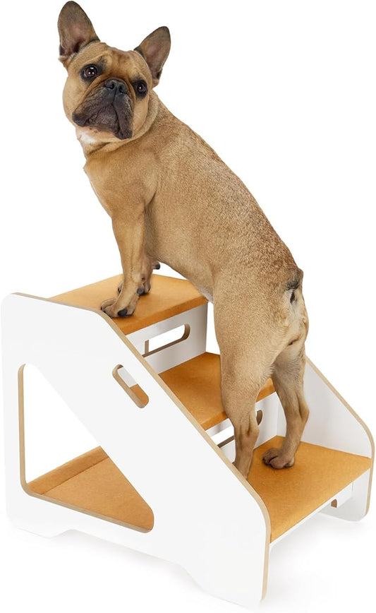 FurHaven Steady Paws 3-Step Pet Stairs – Plush Faux Fur Dog Steps for Bed and Sofa, Small Dogs & Cats, White/Tan