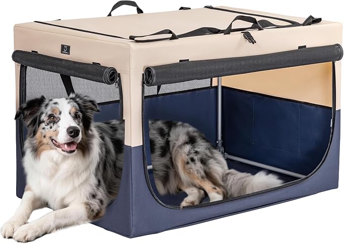 36" Collapsible Dog Crate for Large Dogs - Portable Soft Travel Kennel with Lockable Zippers, Waterproof Base, Washable Cover, Patented Screw Frame for Adjustable Tension, Outdoor, Indoor, Car Use