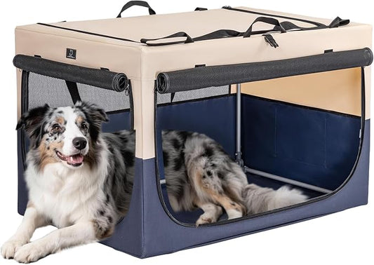 36" Collapsible Dog Crate for Large Dogs - Portable Soft Travel Kennel with Lockable Zippers, Waterproof Base, Washable Cover, Patented Screw Frame for Adjustable Tension, Outdoor, Indoor, Car Use