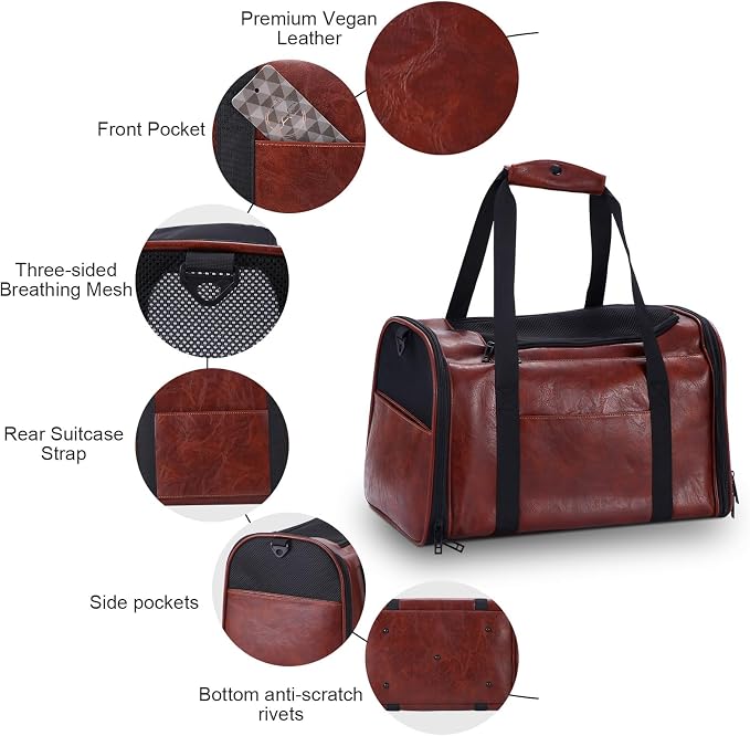 Lasaviin Fashion Leather Dog Carrier Cat Carrier Airline Approved Pet Carrier for Small Medium Dogs Cats Under 15Lbs, Collapsible Soft Sided Travel Puppy Carrier Coffee