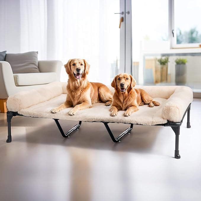 Veehoo Orthopedic Elevated Dog Bed with Fluffy Plush Bolster Cushion, Indoor Raised Dog Beds for Large Dogs, Soft Pet Sofa Cot with Removable Washable Mat, No-Slip Feet, 59 x 37 inches, Cream White
