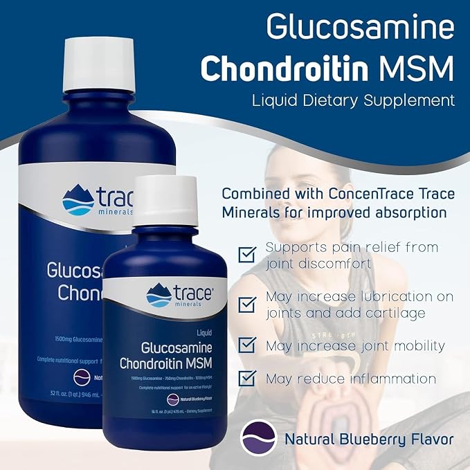 Trace Minerals | Liquid Glucosamine Chondroitin MSM | Complete Dietary Supplement for Active Lifestyle | Supports Joints, Cartilage and Mobility | Natural Blueberry Flavor | 32 Servings, 32 fl oz