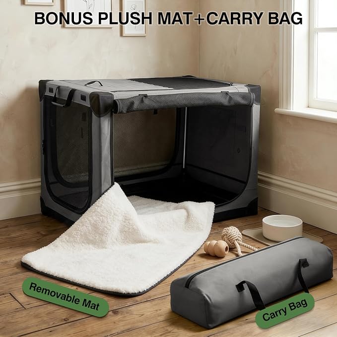 Veraste 42" L x 31" W x 31" H Collapsible Travel Dog Crate, Quick-Setup Portable Soft Dog Kennel for Large Dogs up to 90 lbs, 4-Door Foldable Travel Crate with Storage Bag, Grey