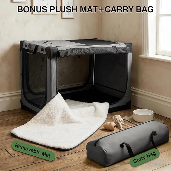 Veraste 33" L x 25" W x 25" H Collapsible Travel Dog Crate, Portable Soft Dog Kennel for Medium Large Dogs up to 60 lbs, 4-Door Foldable Travel Crate with Durable Mesh & Storage Bag, Grey