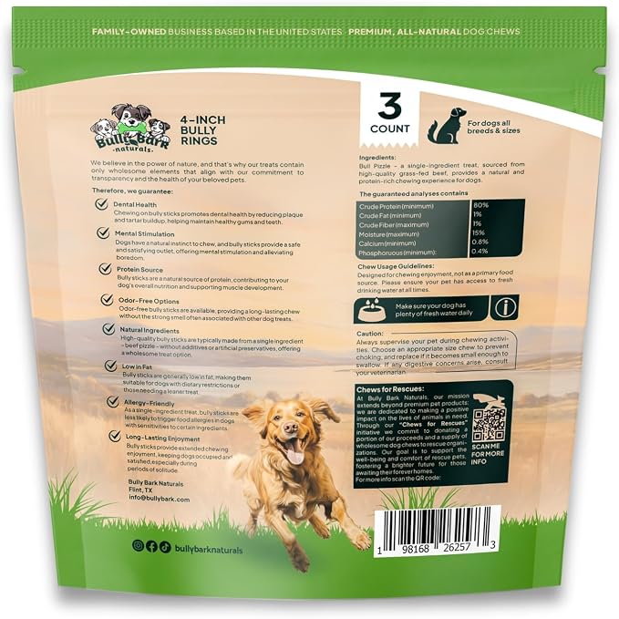 Odor Free 4” Bully Stick Rings for Dogs - 3 Count - 100% Natural Grass-Fed Beef Pizzle Rings, High Protein, Fully Digestible Rawhide-Free Thick Chews, Long Lasting Bully Rings