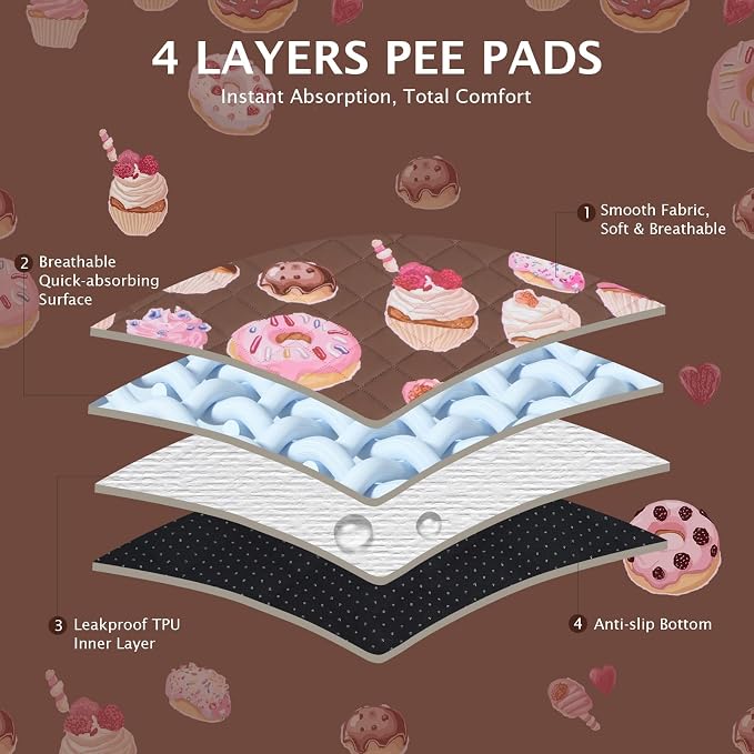 IEUUMLER Washable Pee Pads for Dogs, 2 Pack Cake Pattern Reusable Waterproof Puppy Potty Pads, Non-Slip Absorbent Pet Training Pads for Playpen Crate Bed EU015 Coffee Cake, 24x18