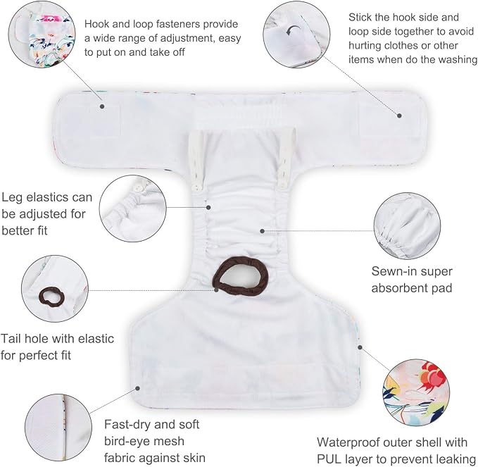 CuteBone Dog Diapers Female Washable Small Medium Large 3 Pack Reusable Doggie Diapers Puppy Period Pants for Doggy Heat Cycle Peeing D31L