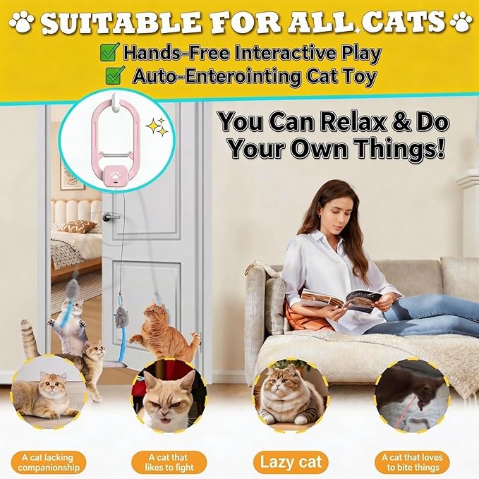 Rechargeable Electric Cat Teaser – Interactive Door Clip Teaser for Cats, 2 Motion Modes (360° Spin & Irregular Jumping), Smart Auto Cat Toy for Exercise & Fun (No Remote)(Pink)