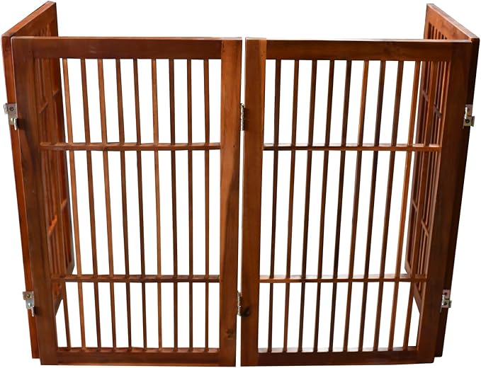 Urnporium Pet Dog Gate Freestanding, Strong Durable Folding Wooden Fence, Portable Acacia Hardwood Safety Barrier for Indoor & Outdoor Use (Brown Pet Gate, 4 Panel 30" Tall)