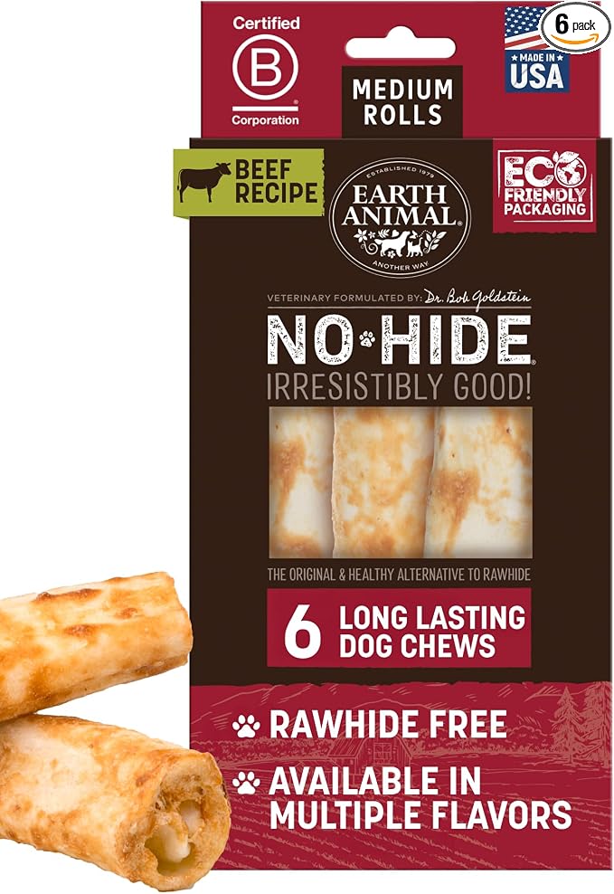 Earth Animal No Hide Chews - Long Lasting Rawhide Free Medium Dog Chews Rolls, Beef - 6 Count
