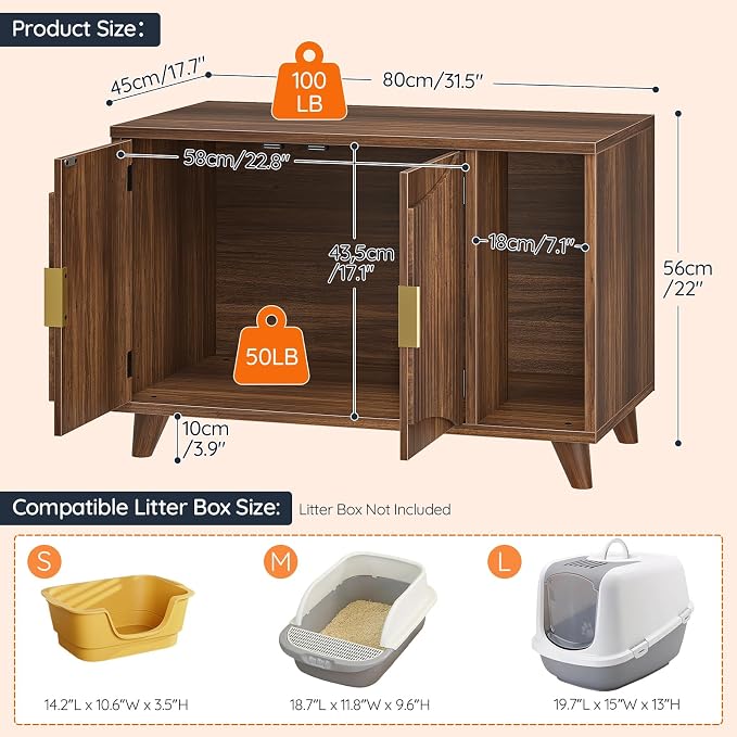 HOOBRO Cat Litter Box Enclosure, 31.5" Hidden Litter Box Furniture with Wave-Patterned Door & Side Entrance, Litter Box Cabinet with Raised Wooden Legs, Living Room End Side Table, Walnut WL28MW01