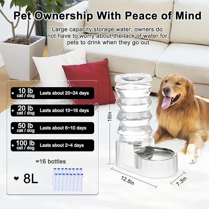 RIZZARI 8L Stainless Steel Gravity Pet Water Dispenser – Auto-Refill | Fresher Daily Drinking, for Multi-Pet Homes, Activated Carbon Filtration, Easy to Clean