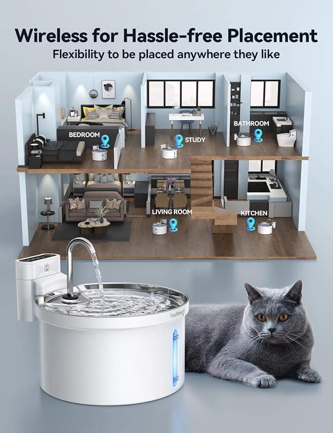 Wireless Cat Water Fountain, 3.5L Pet Water Fountain for Cats/Dogs with 6 Pack Filter+6 Park Pump Filter Sponges Replacement