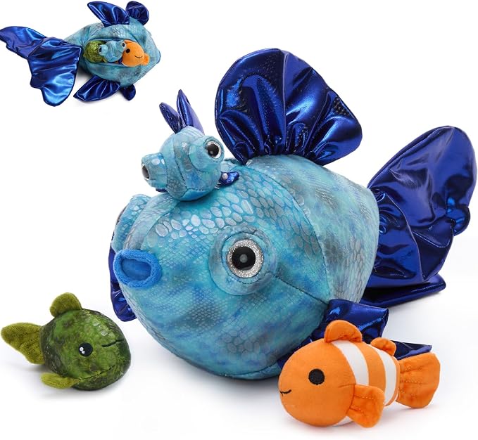 Muiteiur 4-in-1 Fish Family Stuffed Animal Set, 16" Soft Mommy Plush Fish with 3 Small Baby Sea Creatures, Ocean Themed Toys for Kids, Nautical Nursery Decor & Birthday Gift for Boys Girls Ages 3+