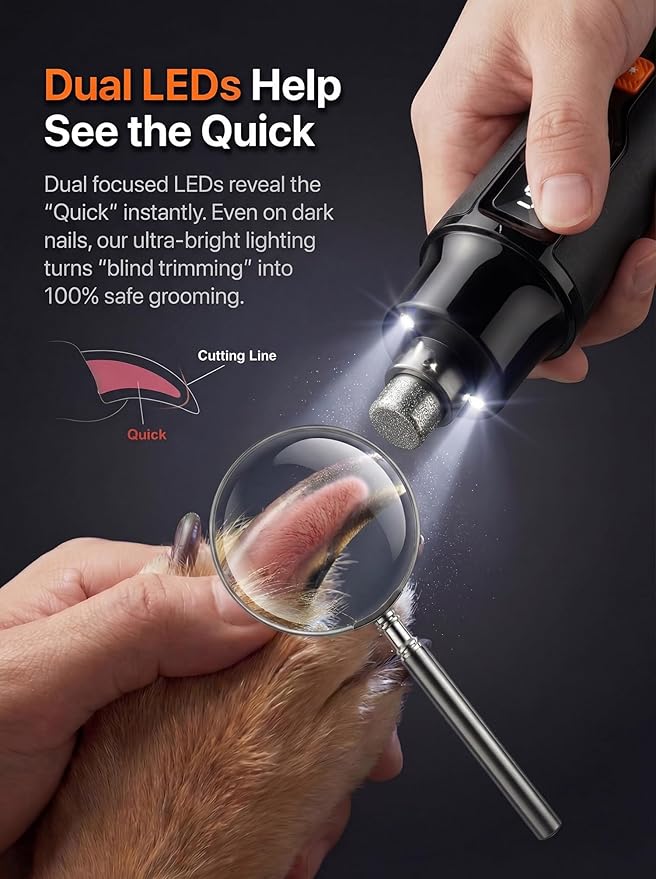 Quiet X 20dB Whisper-Quiet Dog Nail Grinder, No Vibration, 16000 RPM Constant Power Dog Nail Trimmer, Dual LED Lights, 7-Speed, Soothing Low Frequency Sound, for Small Medium Large Dogs