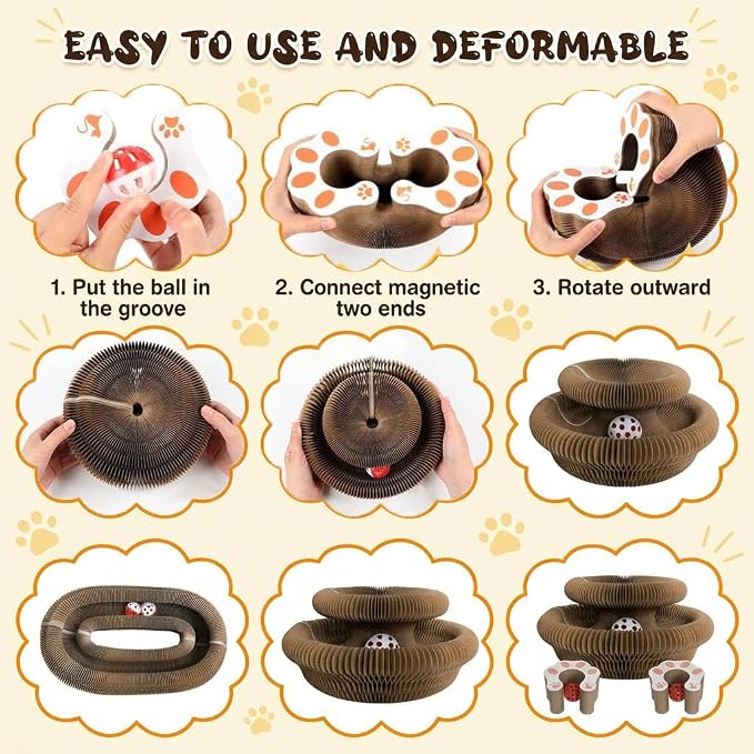 Kitlty Kurliz Cat Toy,Magic Organ Cat Scratcher Board,Foldable Recyclable Cat Accordion Toy,Interactive Scratch Pad with Toy Ball,Interactive Cat Toys for Indoor Cats Exercise & Anxiety Relief (1 PCS)