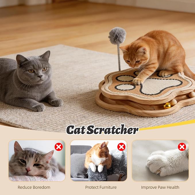 Cat Scratcher Natural Sisal 3 in1 Paw Shape Pad with Interactive Bell Ball Track and Spring Furball, Kitty Toy for Indoor Kittens & Adult Cats, Chasing Hunting Fun for Physical & Mental Exercise