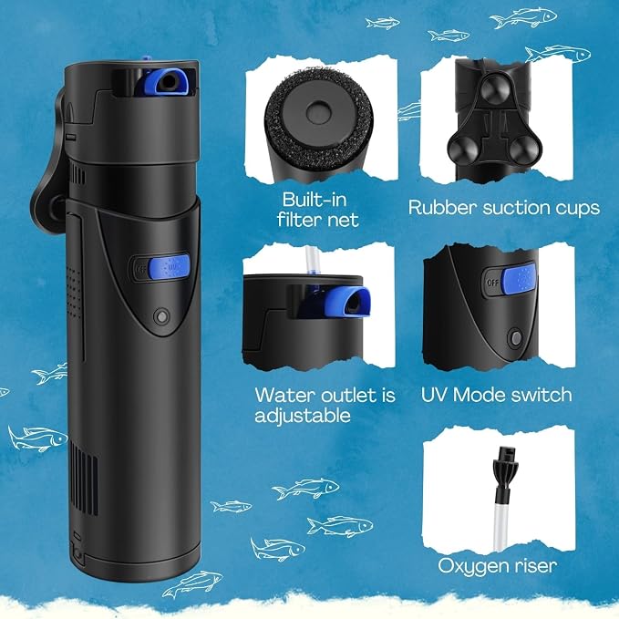 Flexzion Aquarium Filter U-V, 200 Gallon Fish Tank Filter with U-V Light for Green Control Cleaning, 200GPH Submersible Aquarium Pump for Turtle Tank, Freshwater Crystal Clear & Saltwater