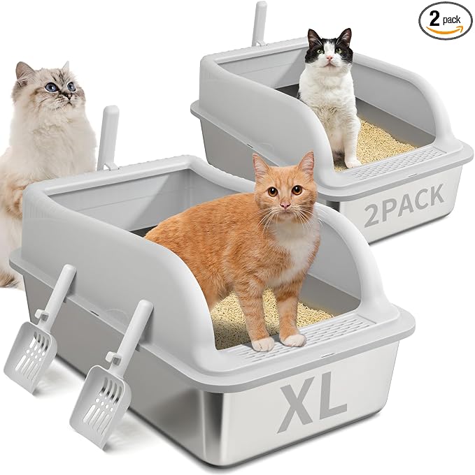 2PACK Stainless Steel Litter Boxes with Lid High Sides, Extra Large Metal Boxes for Big Cats, Odor Free Litter Pan Include Scoop, Leak-Proo, Stain-Free, Rust-Free, Easy to Clean, Non-Sticky