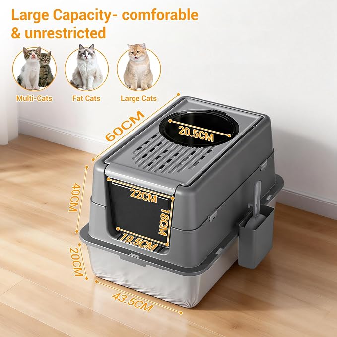 GarveeHome 23.62" Large Stainless Steel Litter Box for Large Cats, Enclosed Cat Litter Pan with 180° Flip-Top Lid, Dual Entry Front Door & Top Entrance, Easy Clean Odor Control for Multi-Cat