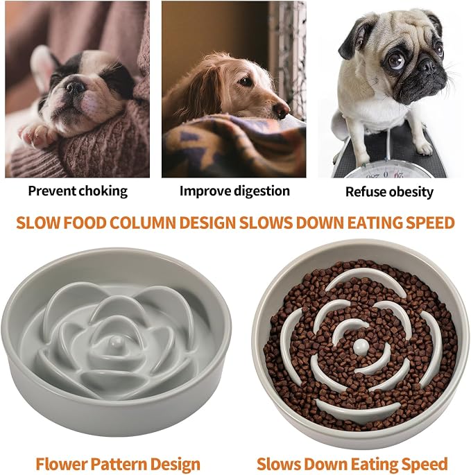 8.26 in Grey Dog Bowl Slow Feeder Ceramic for Medium and Large Breed,Elevated/Raised Slow Feeding Dog Food Water Dish Heavy Weighted,Puppy Dish for Fast Eaters,Puzzle Eating Bowl Modern Maze