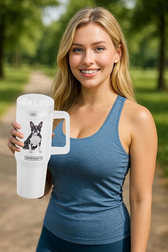 SERENGETI 40 Oz Ultimate Tumbler with Handle and Straw - Vacuum Insulated Tumbler with Straw and Lid - Stainless Steel Travel Mug for Pet Lovers - 3D Designs of your favorite Dog (Boston Terrier)