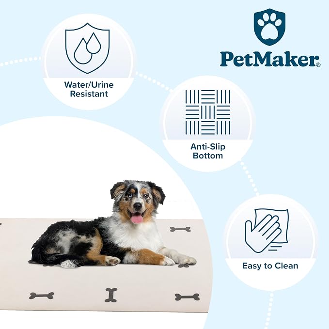 Dog Mat for Food and Water, Crate Pad, and Floor Protector - 55” x 28” Extra Large PVC Memory Foam Pad with Non-Slip Bottom - Stain, Scratch, and Water-Resistant Floor Mat by PETMAKER (Dog Bones)