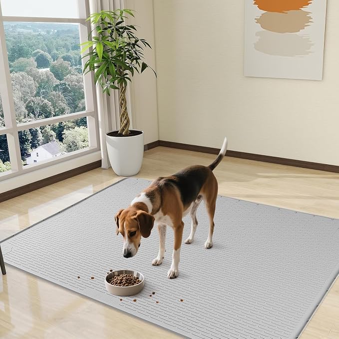 Dog Food Mat, Extra Large 70" x 45" Silicone Pet Feeding Mat with Raised Edge Pet Placemat for Small, Medium, and Large Pets Non-Slip, Easy to Clean (Light Grey)