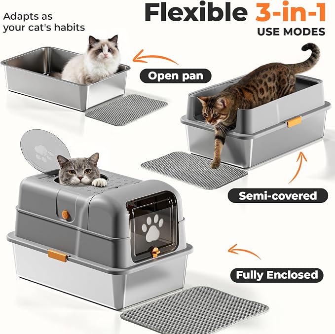 24″Lx16″Wx15″H Non-Stick Stainless Steel Litter Box with Lid, No-Mess Odor Control Anti-Leak Cat Litter Box, 3-in-1 Fully Enclosed High-Sided Litterbox with Flip Top (Gray)