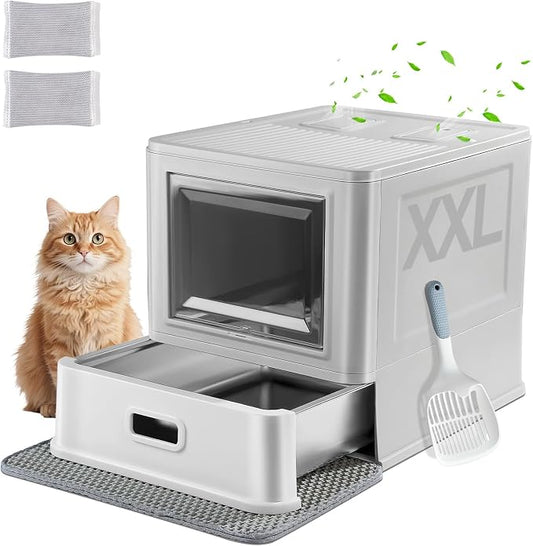 Marchul Enclosed Stainless Steel Cat Litter Box XL with Lid & Deeper Drawer Design for Indoor Cats, Metal Covered Litter Box, Baffles for Anti-Leakage, with Litter Scoop & Litter Mat