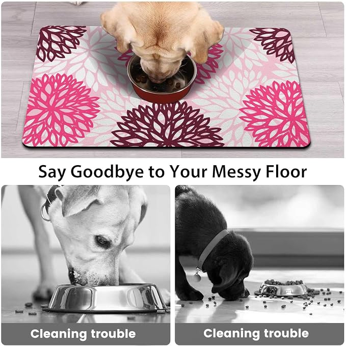 Dog Food Mats for Floors, Absorbent and Quick-Drying Pet Cat Food Mat,Anti-Fouling and Easy-to-Clean Pet Feeding Mat,Dog Bowl Mat for Messy Drinking Water Bowls.16x24, Bohemia Dahlia Floral Style