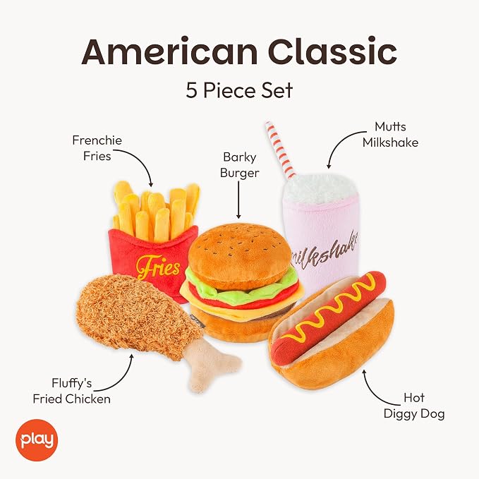 P.L.A.Y. PET LIFESTYLE AND YOU Cute Plush Dog Toys - Fast Food Themed Durable Squeaker Chew Toys for Medium & Large Dogs - Machine Washable, Recycled Materials (5 Piece Set, Medium)