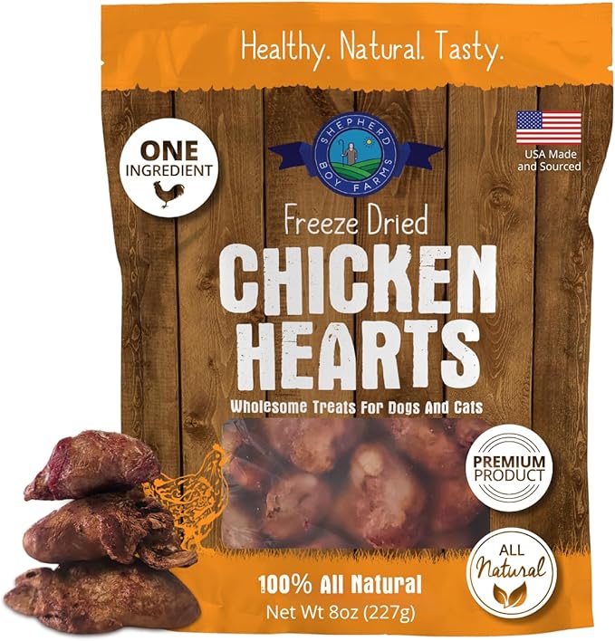 Shepherd Boy Farms Freeze Dried Chicken Hearts for Dogs & Cats - 100% Natural, Single-Ingredient Dog Treats & Cat Treats, High-Protein Organ Meat, Grain Free, Made in USA, 8oz
