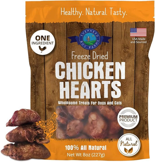 Shepherd Boy Farms Freeze Dried Chicken Hearts for Dogs & Cats - 100% Natural, Single-Ingredient Dog Treats & Cat Treats, High-Protein Organ Meat, Grain Free, Made in USA, 8oz