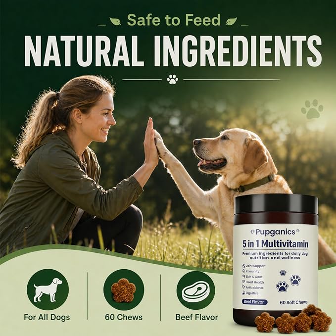 Pupganics Multivitamin Daily Soft Chews for Dog, 5 in 1 multivitamin for Hip & Joint, Heart Health, Skin & Coat, Gut & Immune Support, with Probiotics, Vitamin A/D3/E, Beef Flavor, 60 Chews (1)