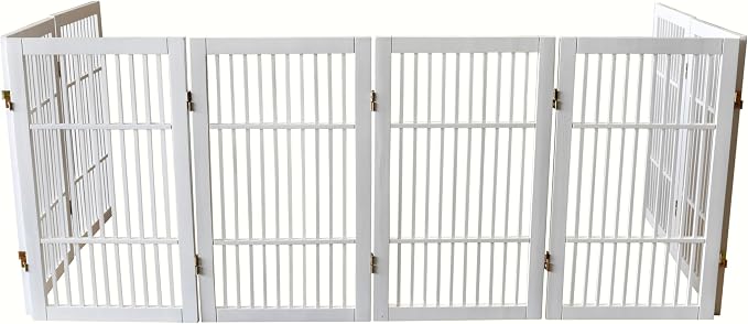 Urnporium Pet Dog Gate Freestanding, Strong Durable Folding Wooden Fence, Portable Acacia Hardwood Safety Barrier for Indoor & Outdoor Use (White Pet Gate, 8 Panel 30" Tall)