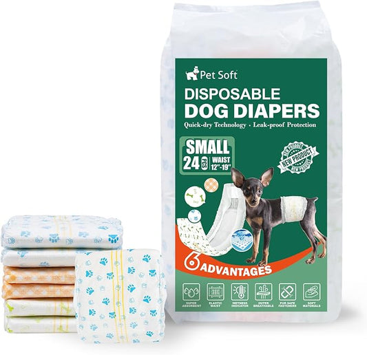 Pet Soft Disposable Dog Dipaers - Male Dog Wraps Wetness Indicator, Ultra Absorbent Puppy Diapers Male for Excitable Urination or Incontinence, 24pcs Small