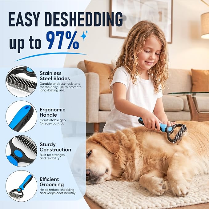 5 in 1 Pet Grooming Kit 5PCS,Large Dog Brush for Goldendoodles Poodles Doodles,Dematting Comb, Metal Comb, Flea Comb, Silicone Bath Brush Pin Haired Brush,Poodle Brushes and Comb（blue）