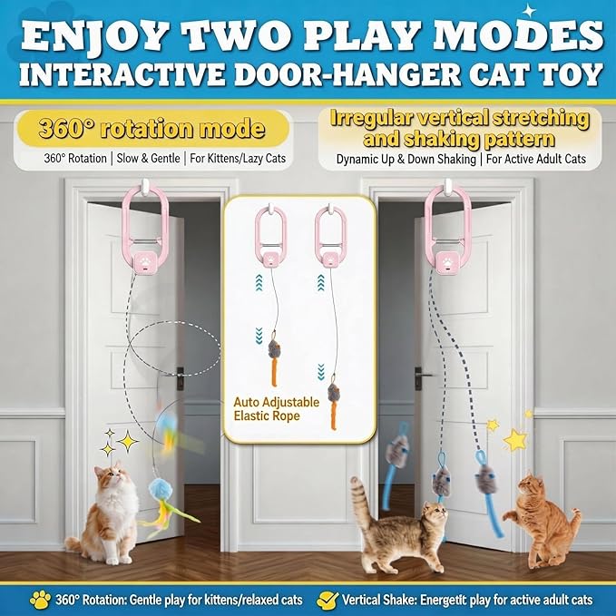 Rechargeable Electric Cat Teaser – Interactive Door Clip Teaser for Cats, 2 Motion Modes (360° Spin & Irregular Jumping), Smart Auto Cat Toy for Exercise & Fun (No Remote)(Pink)