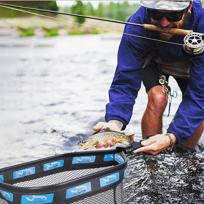 PLUSINNO Floating Fishing Net for Steelhead, Salmon, Fly, Kayak, Catfish, Bass, Trout Fishing, Rubber Coated Foldable Landing Net with Fixed or Telescoping Pole Handle, Fishing Gear and Gifts for Men