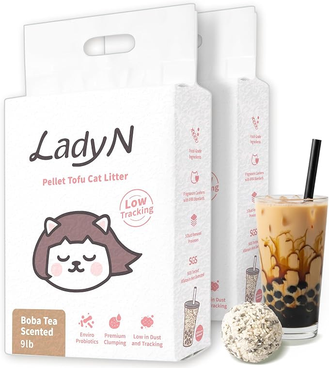 Lady N Pellet Tofu Cat Litter Boba Tea Scent, Strong Clumping, Ultra Absorbent, Dust-Free, Low Tracking, Water-Soluble, Natural Ingredients, Enviro-Probiotic Odor Control 18lb